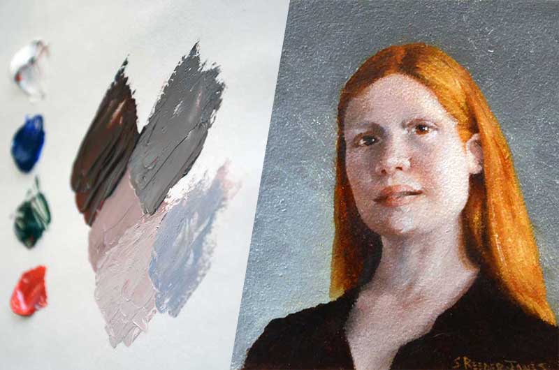 Oil paint on palette next to portrait.